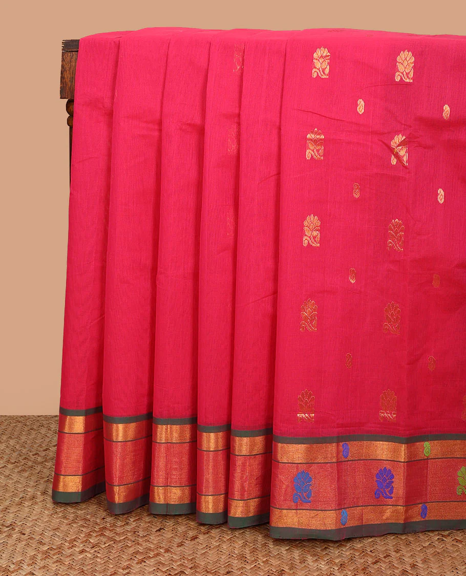 Pink zari buttas Venkatagiri cotton saree, contrast thread floral motifs border, and pallu of zari stripes