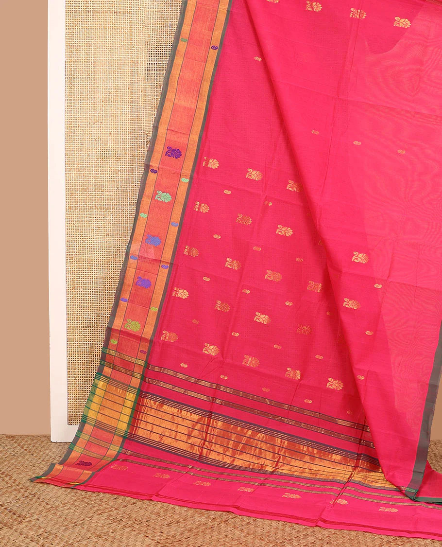 Pink zari buttas Venkatagiri cotton saree, contrast thread floral motifs border, and pallu of zari stripes - Image 2