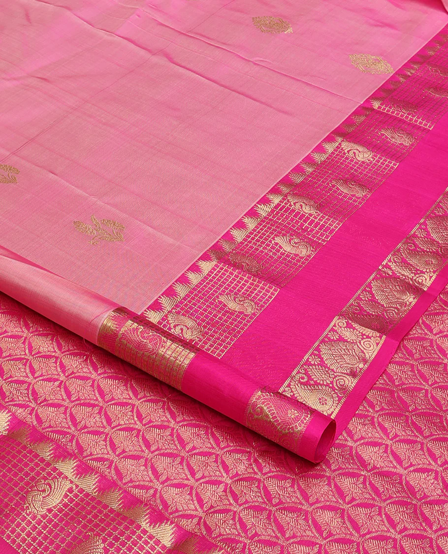 Pink zari buttas Venkatagiri silk saree, contrast traditional zari rettai pettu border, and pallu of meenakari intricate designs - Image 2