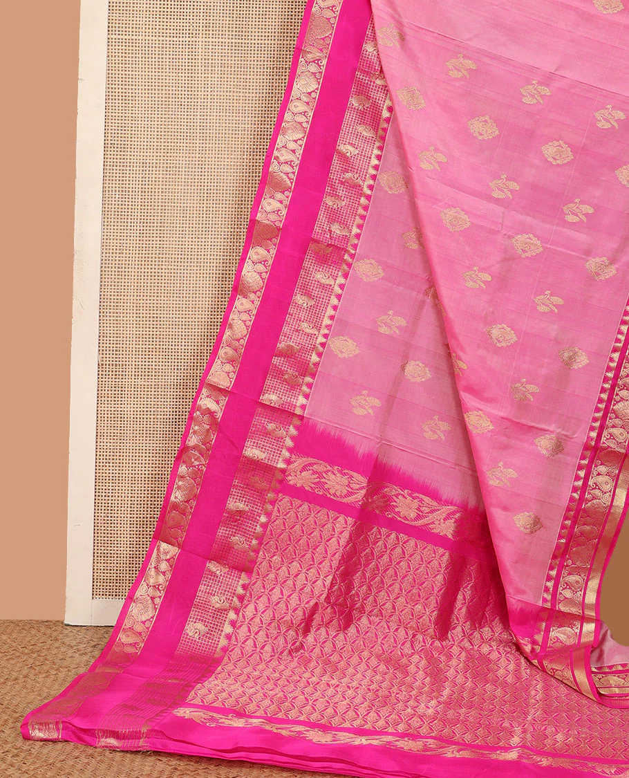Pink zari buttas Venkatagiri silk saree, contrast traditional zari rettai pettu border, and pallu of meenakari intricate designs - Image 3