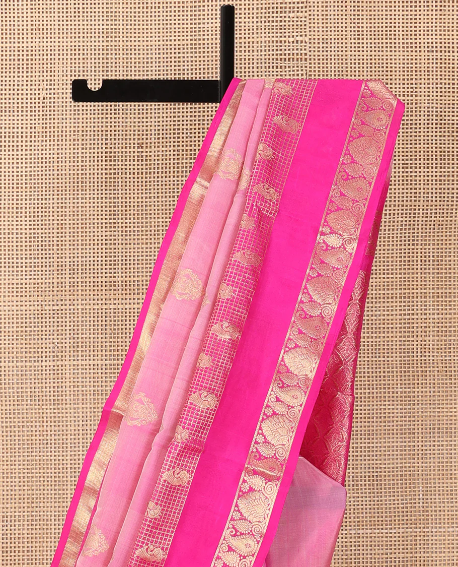 Pink zari buttas Venkatagiri silk saree, contrast traditional zari rettai pettu border, and pallu of meenakari intricate designs - Image 4