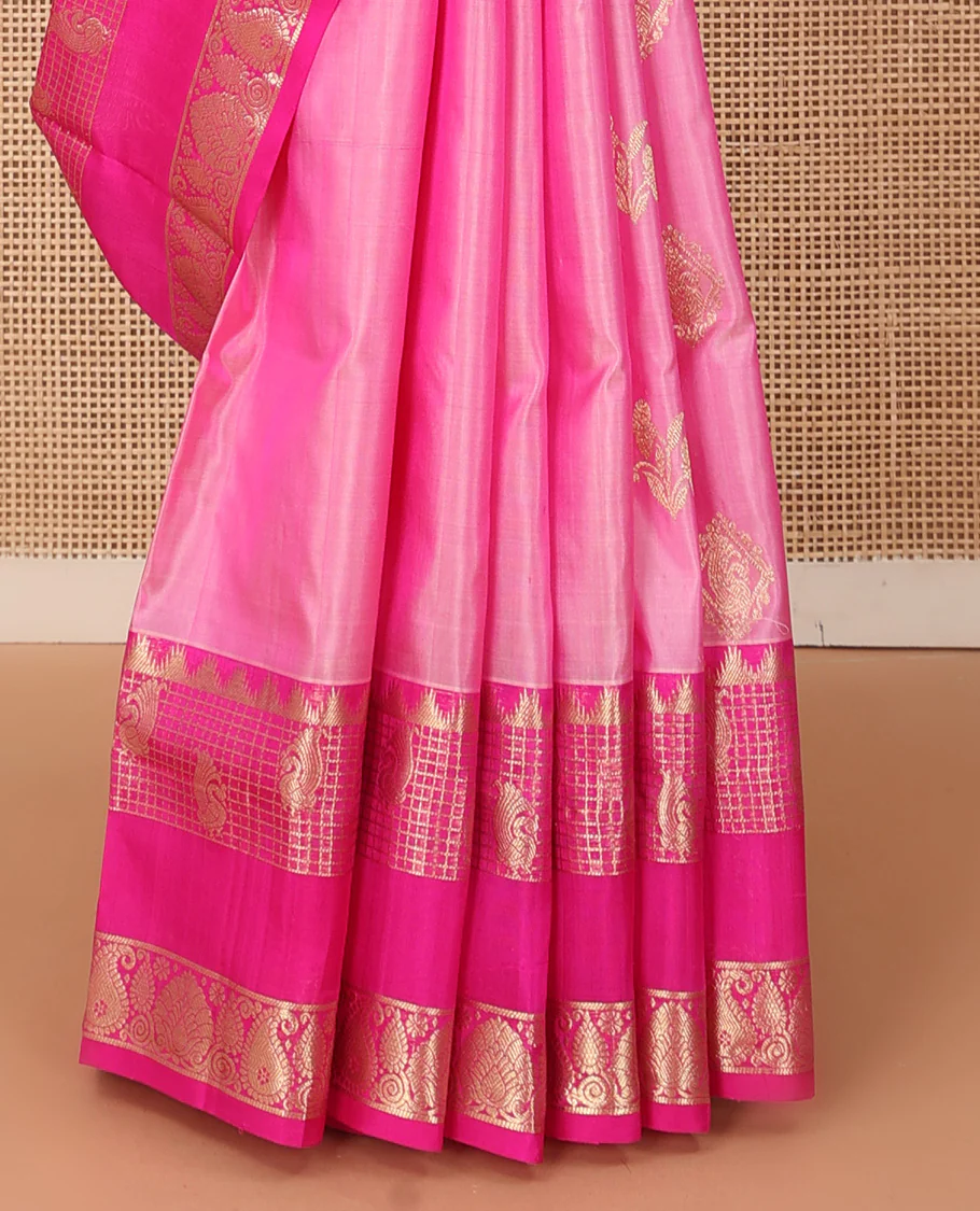 Pink zari buttas Venkatagiri silk saree, contrast traditional zari rettai pettu border, and pallu of meenakari intricate designs - Image 5