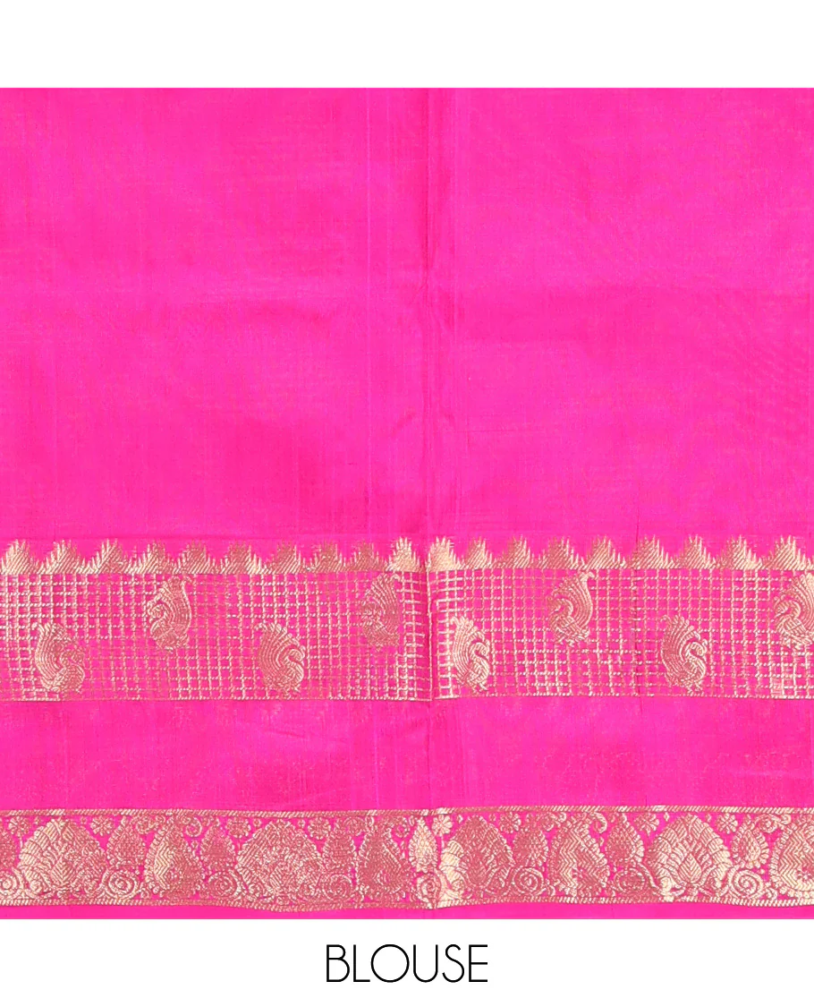 Pink zari buttas Venkatagiri silk saree, contrast traditional zari rettai pettu border, and pallu of meenakari intricate designs - Image 6