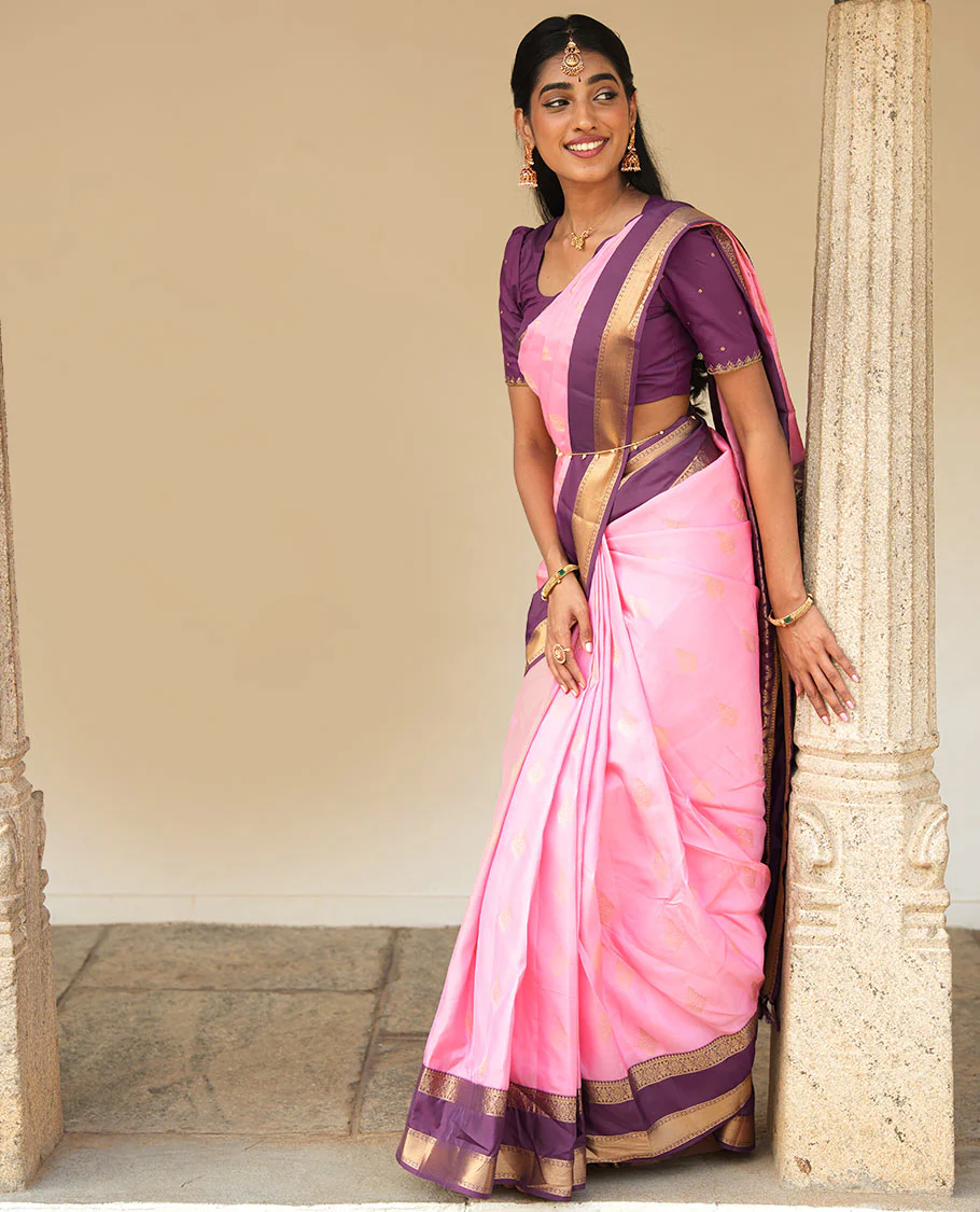 Pink zari buttas woven Vasundhara Lite Silk Mix Saree, contrast rettai pettu border of laddu kamalam designs, and jaal pallu - Image 2