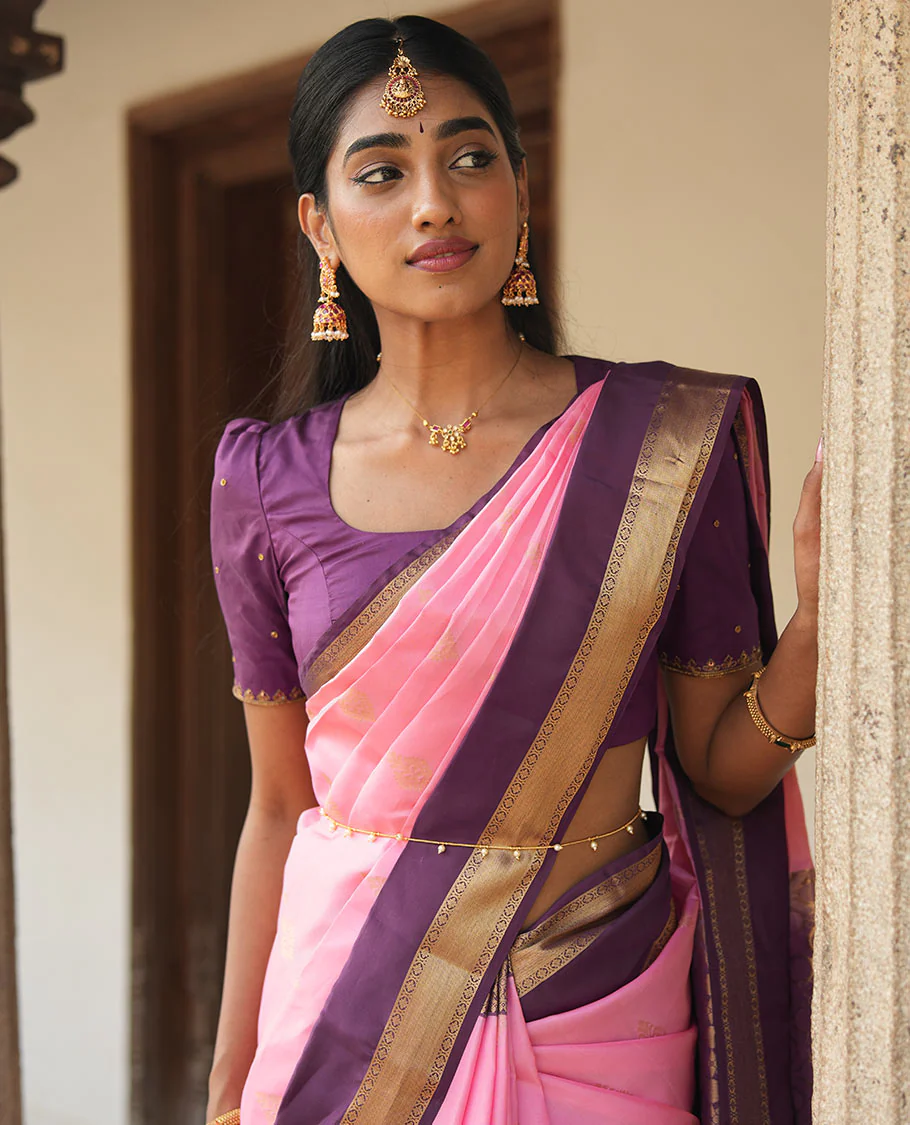 Pink zari buttas woven Vasundhara Lite Silk Mix Saree, contrast rettai pettu border of laddu kamalam designs, and jaal pallu - Image 3