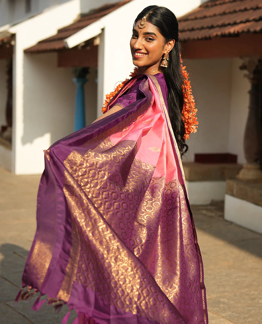 Pink zari buttas woven Vasundhara Lite Silk Mix Saree, contrast rettai pettu border of laddu kamalam designs, and jaal pallu - Image 5