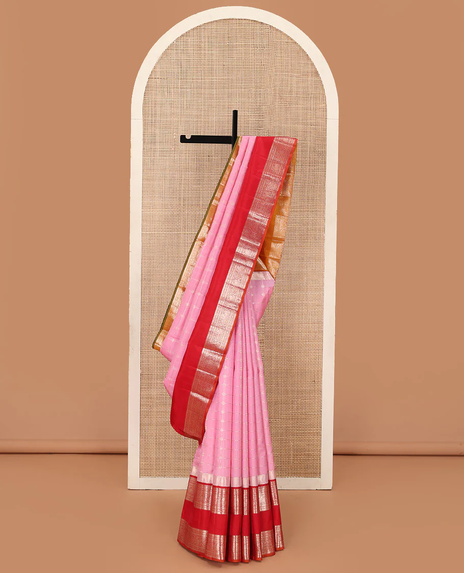 Pink zari checked Kanchipuram silk saree, contrast rettai pettu ganga jamuna border of thilakam and mayil designs, and zari woven pallu - Image 3