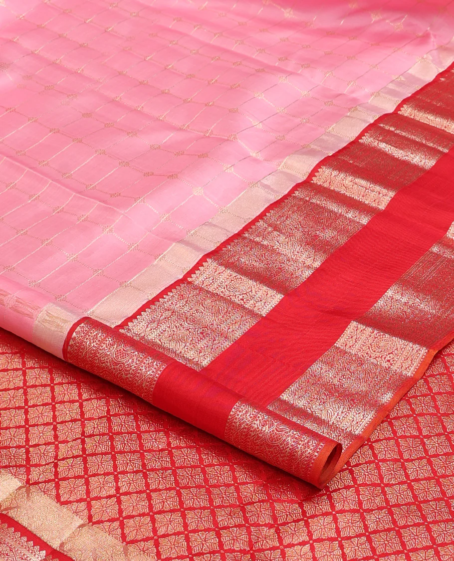 Pink zari checked Kanchipuram silk saree, contrast rettai pettu ganga jamuna border of thilakam and mayil designs, and zari woven pallu - Image 4