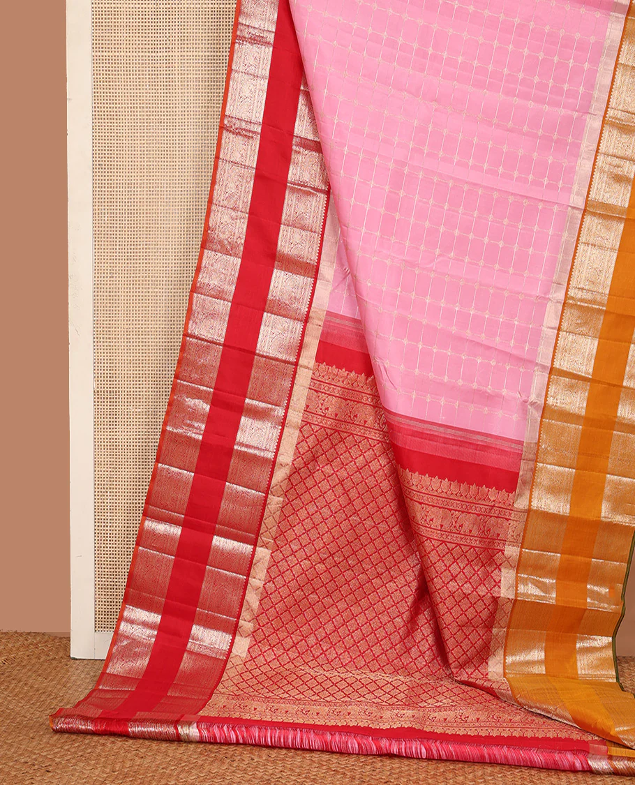 Pink zari checked Kanchipuram silk saree, contrast rettai pettu ganga jamuna border of thilakam and mayil designs, and zari woven pallu - Image 5