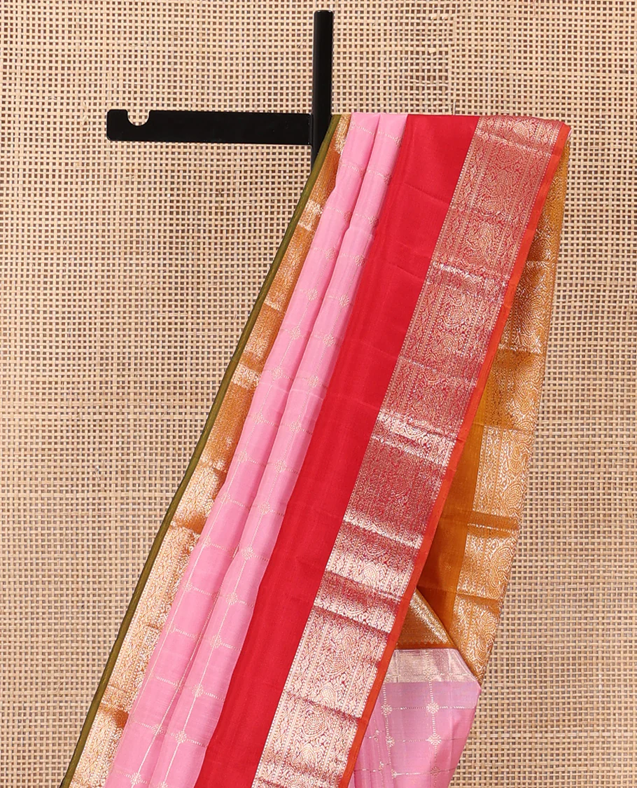 Pink zari checked Kanchipuram silk saree, contrast rettai pettu ganga jamuna border of thilakam and mayil designs, and zari woven pallu - Image 6