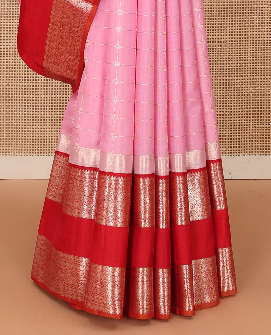 Pink zari checked Kanchipuram silk saree, contrast rettai pettu ganga jamuna border of thilakam and mayil designs, and zari woven pallu - Image 7