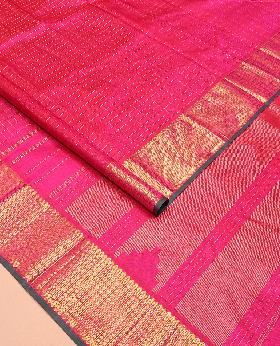 Pink zari checked Kanchipuram silk saree, zari border of rekku, banaras, and kamalam designs, and thazampoo rekku design pallu - Image 2