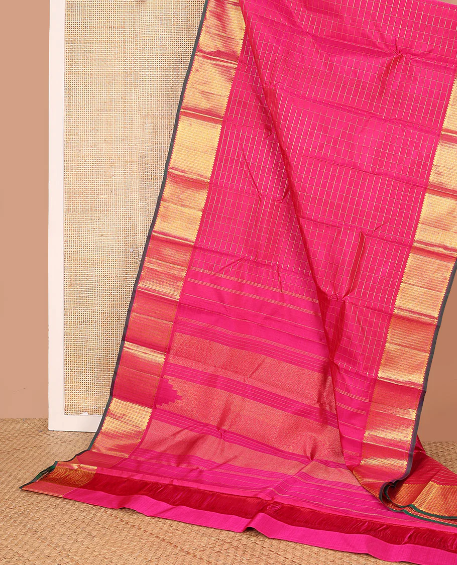 Pink zari checked Kanchipuram silk saree, zari border of rekku, banaras, and kamalam designs, and thazampoo rekku design pallu - Image 3