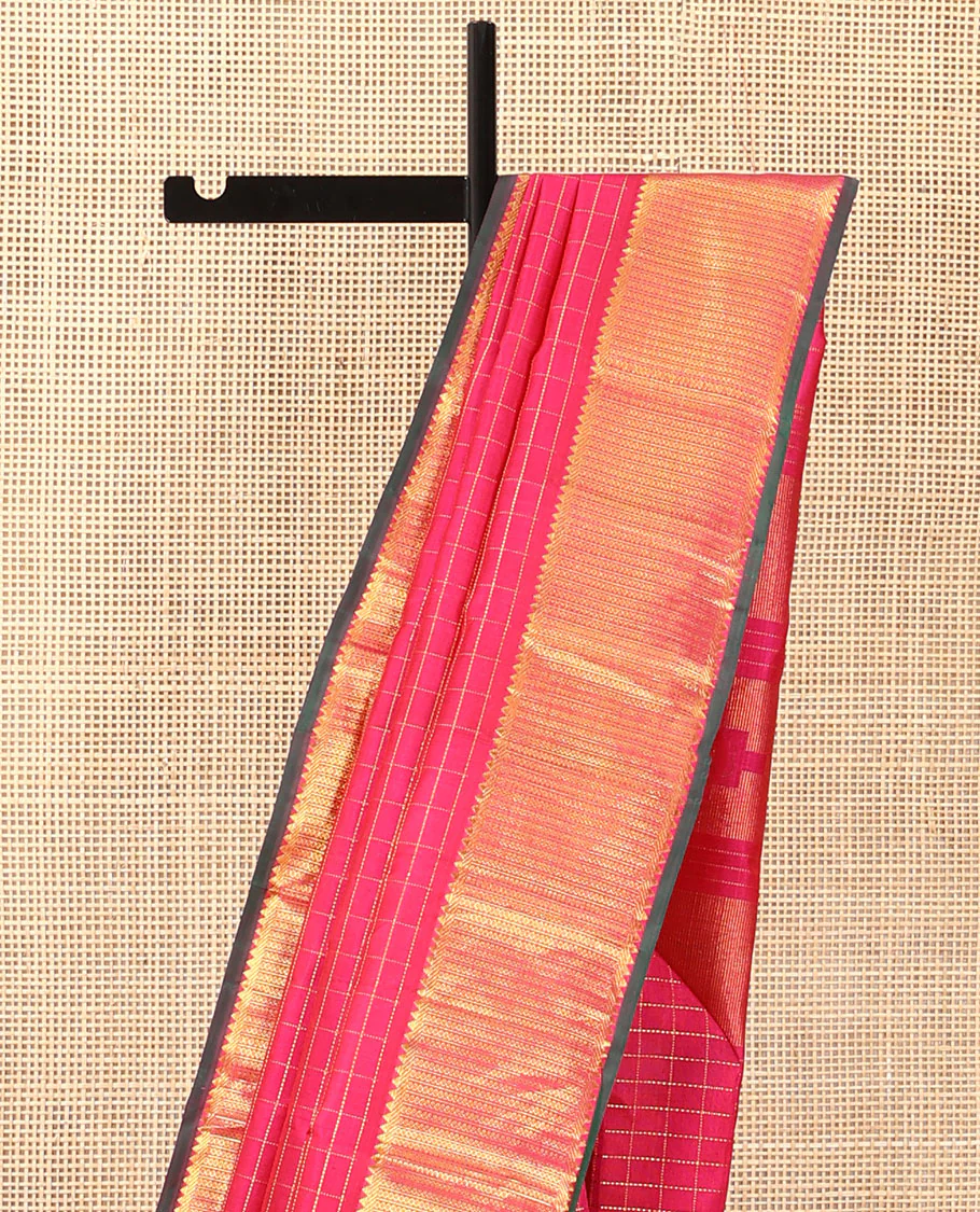Pink zari checked Kanchipuram silk saree, zari border of rekku, banaras, and kamalam designs, and thazampoo rekku design pallu - Image 4