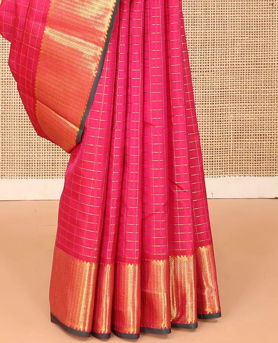 Pink zari checked Kanchipuram silk saree, zari border of rekku, banaras, and kamalam designs, and thazampoo rekku design pallu - Image 5