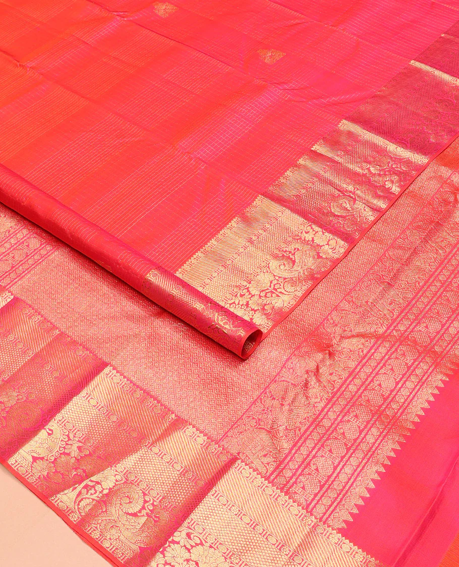 Pink zari checked Kanchipuram silk saree, zari border of rekku, poun, kamalam, kuyil kann, and mayil designs, and jaal pallu - Image 2
