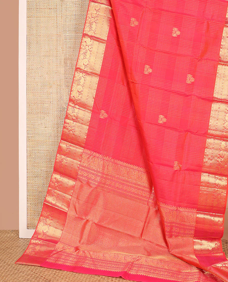 Pink zari checked Kanchipuram silk saree, zari border of rekku, poun, kamalam, kuyil kann, and mayil designs, and jaal pallu - Image 3
