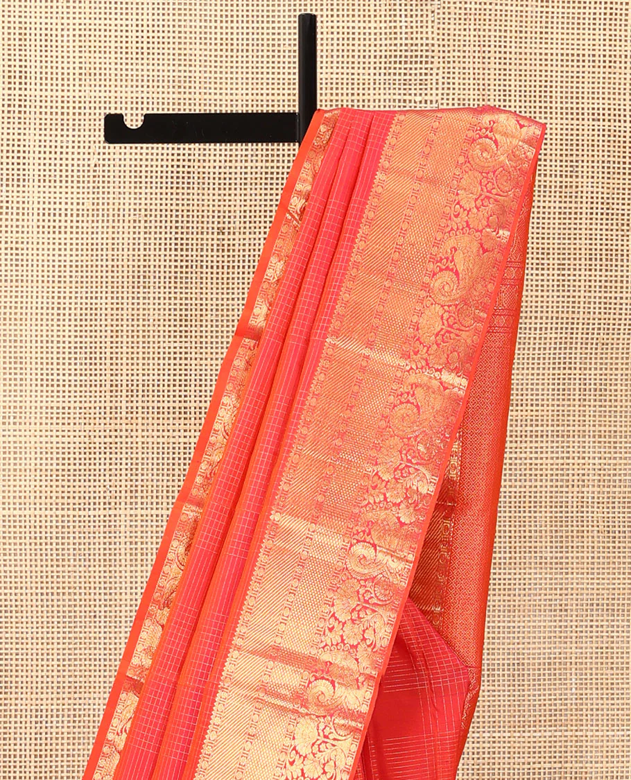 Pink zari checked Kanchipuram silk saree, zari border of rekku, poun, kamalam, kuyil kann, and mayil designs, and jaal pallu - Image 4
