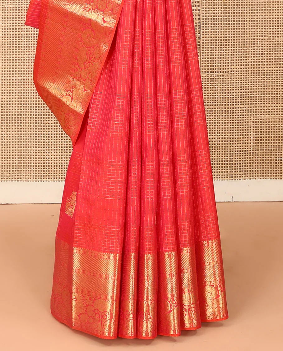 Pink zari checked Kanchipuram silk saree, zari border of rekku, poun, kamalam, kuyil kann, and mayil designs, and jaal pallu - Image 5