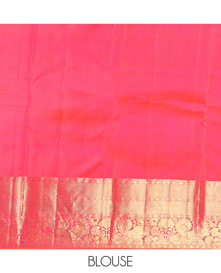 Pink zari checked Kanchipuram silk saree, zari border of rekku, poun, kamalam, kuyil kann, and mayil designs, and jaal pallu - Image 6