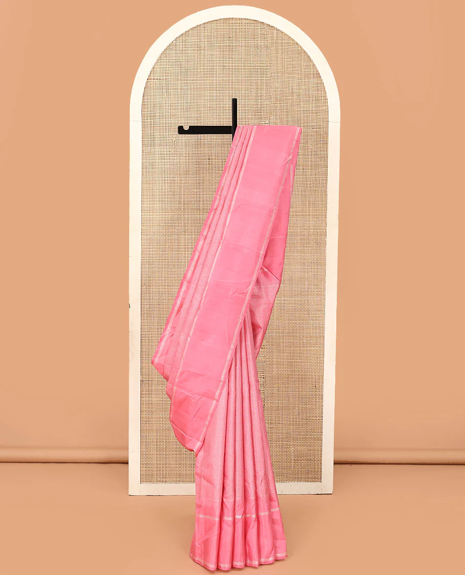 Pink zari checked Kanchipuram silk saree,  zari temple border of stripes, and zari design pallu