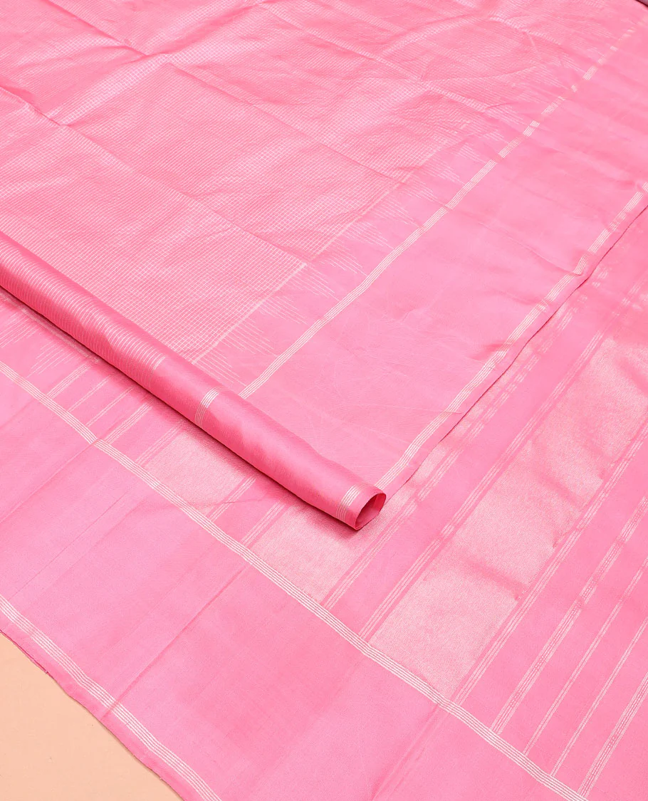 Pink zari checked Kanchipuram silk saree,  zari temple border of stripes, and zari design pallu - Image 2