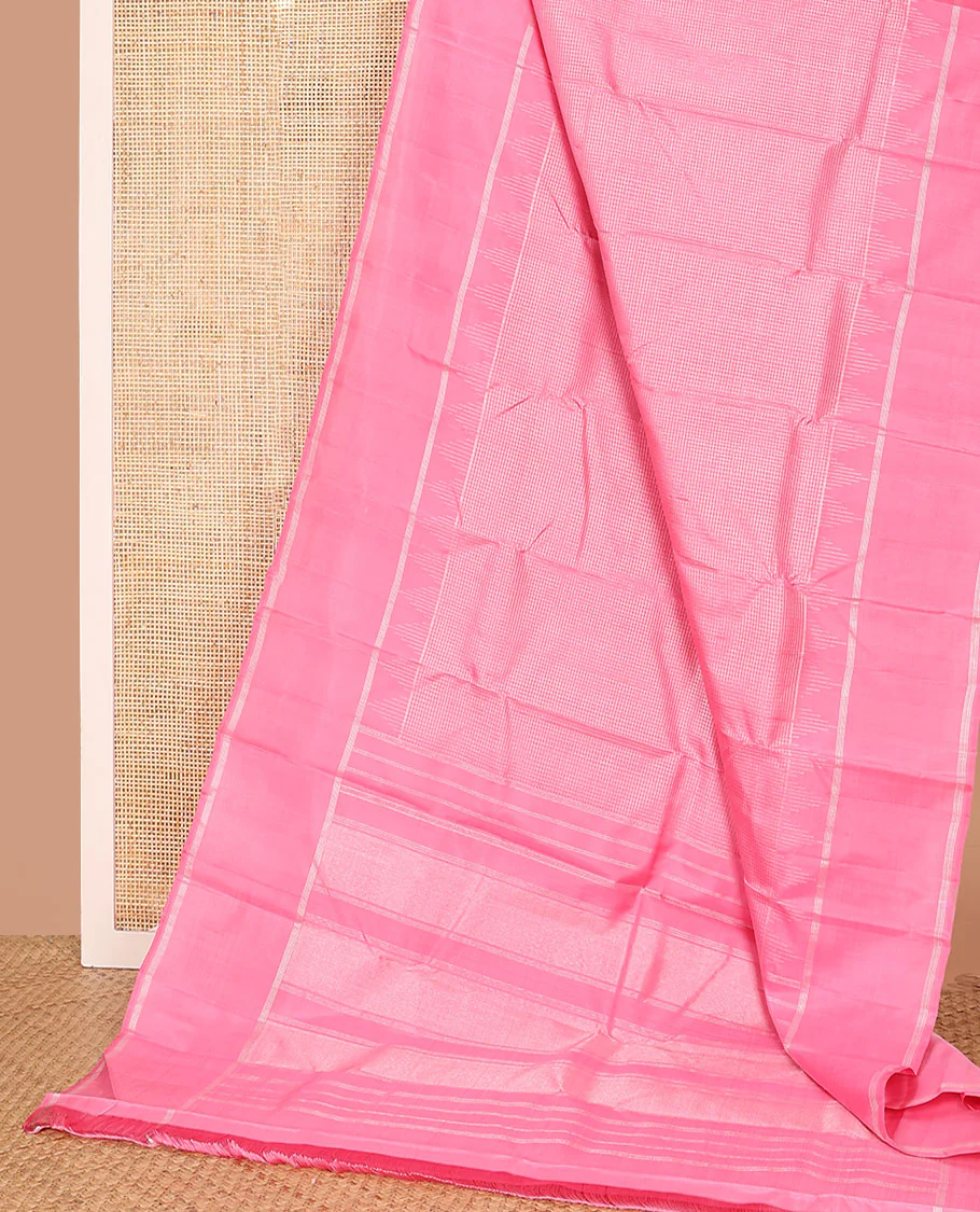Pink zari checked Kanchipuram silk saree,  zari temple border of stripes, and zari design pallu - Image 3