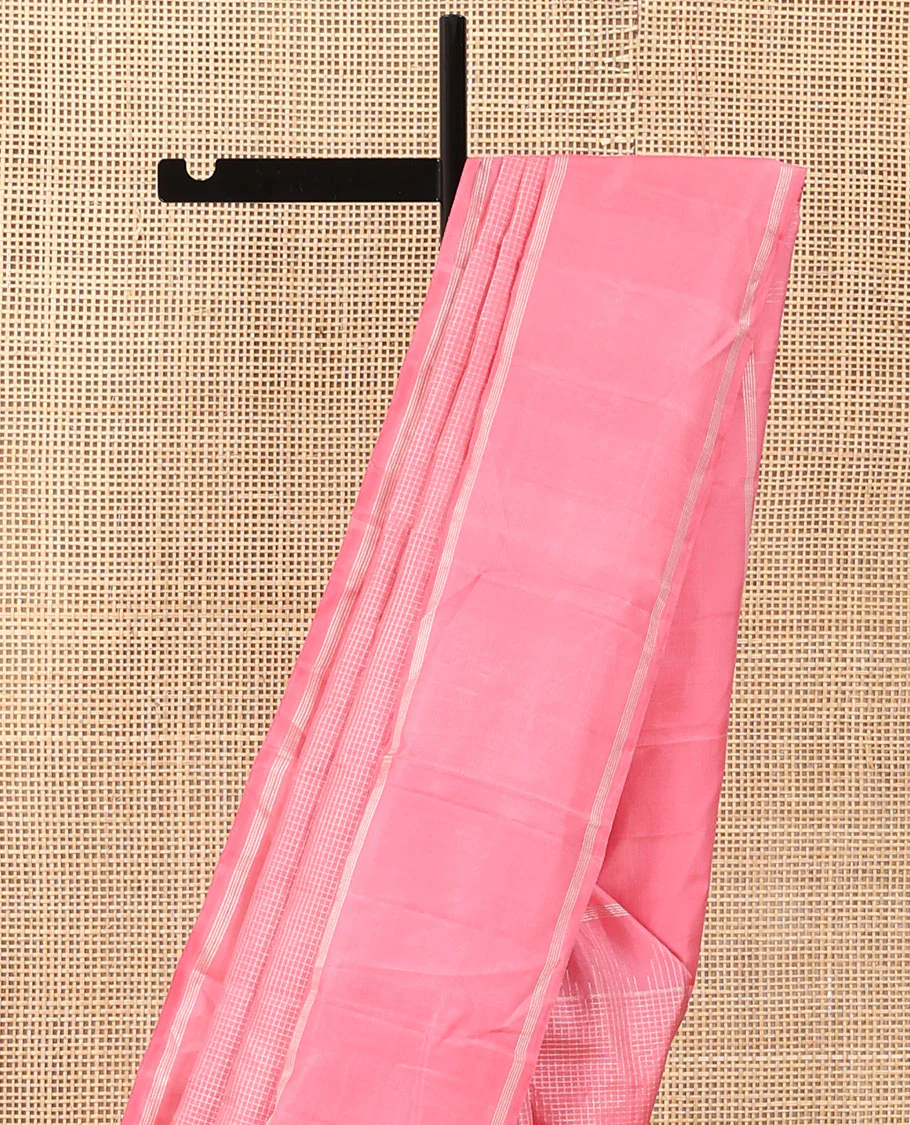 Pink zari checked Kanchipuram silk saree,  zari temple border of stripes, and zari design pallu - Image 4