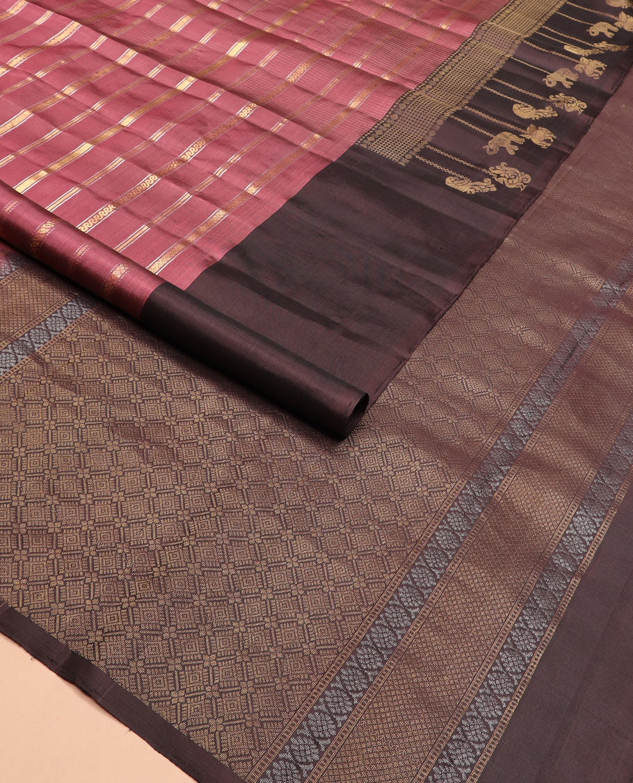 Pink zari design Kanchipuram silk saree, contrast border of rudraksham, mayil, annam, kuthirai, and yaanai designs, and jaal pallu - Image 2