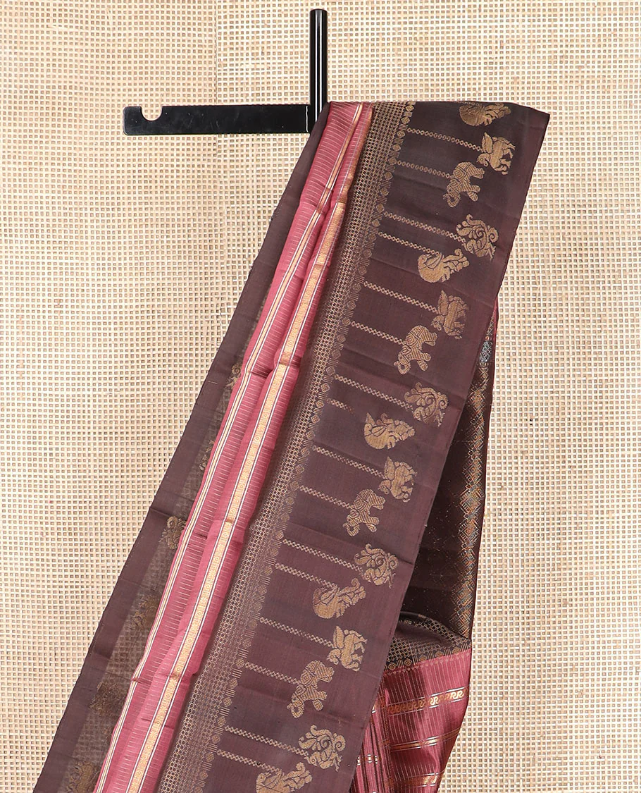 Pink zari design Kanchipuram silk saree, contrast border of rudraksham, mayil, annam, kuthirai, and yaanai designs, and jaal pallu - Image 3