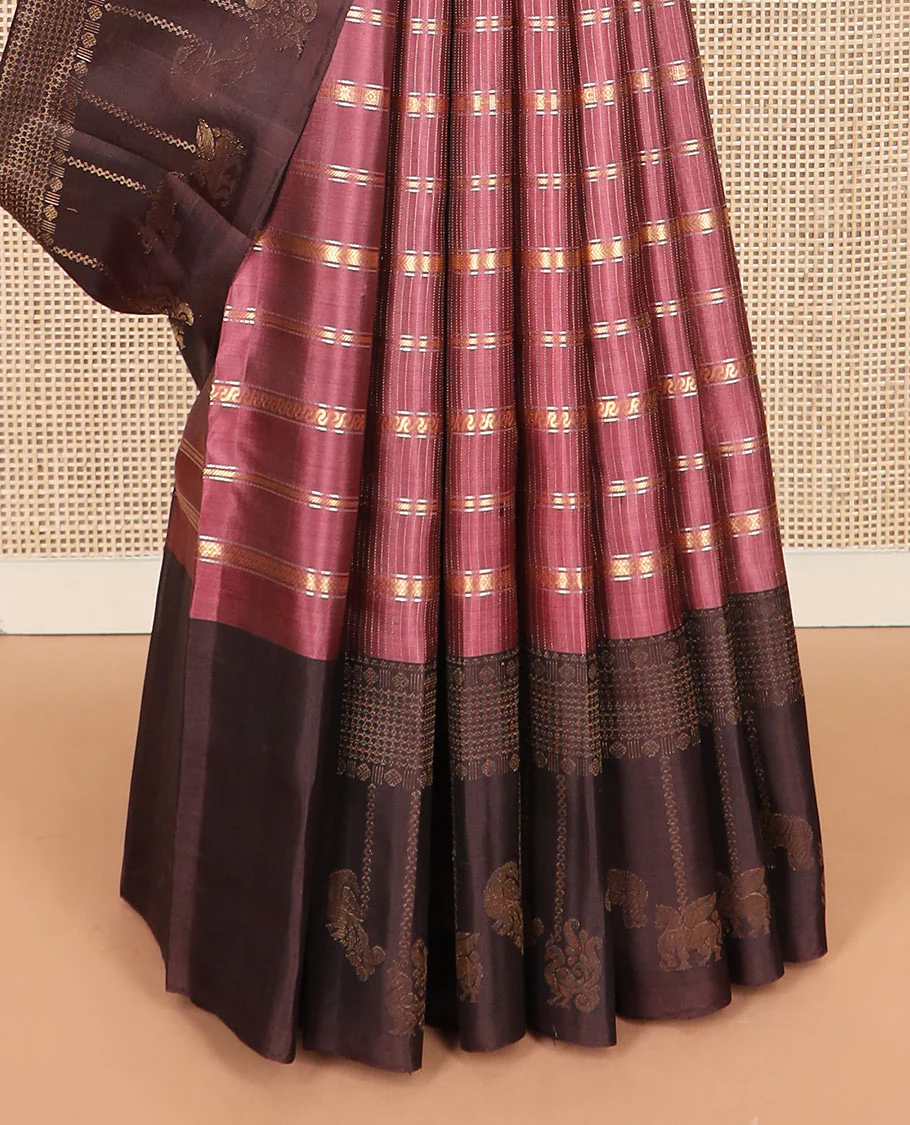Pink zari design Kanchipuram silk saree, contrast border of rudraksham, mayil, annam, kuthirai, and yaanai designs, and jaal pallu - Image 4