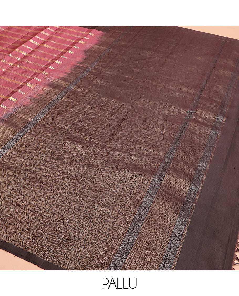 Pink zari design Kanchipuram silk saree, contrast border of rudraksham, mayil, annam, kuthirai, and yaanai designs, and jaal pallu - Image 5
