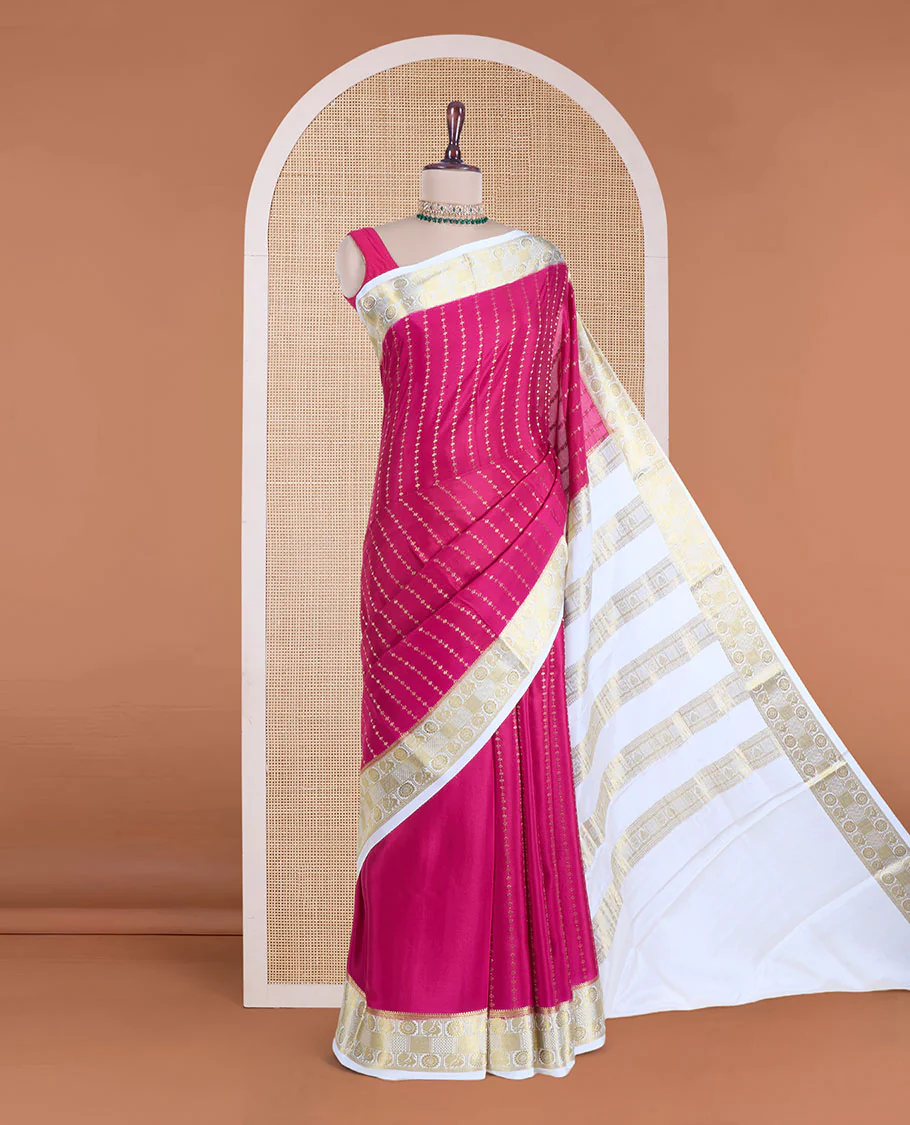 Pink zari design Mysore silk saree, contrast peacock chakra motifs border, and traditional zari design woven pallu - Image 2