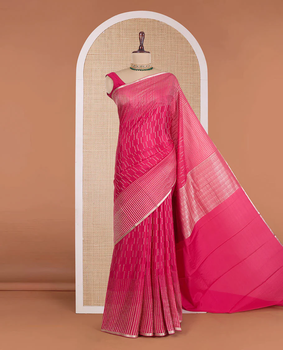 Pink zari design Mysore silk saree, zari striped border, and chevron striped pallu - Image 2