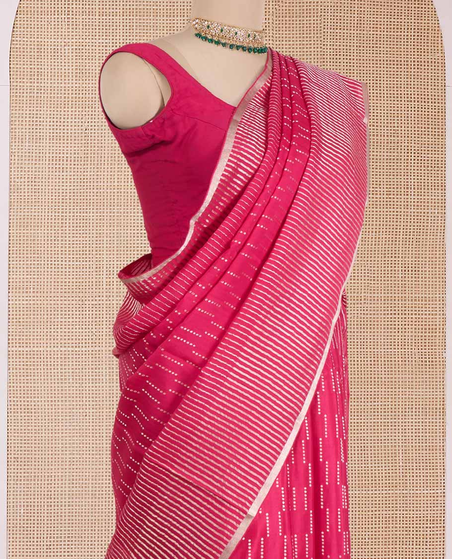 Pink zari design Mysore silk saree, zari striped border, and chevron striped pallu - Image 3