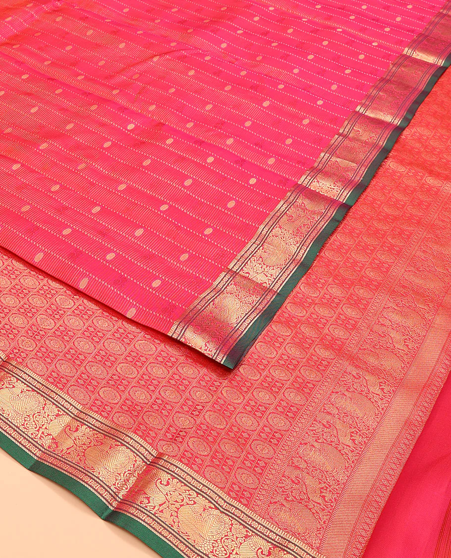 Pink zari design Vasundhara silk saree, zari border of banaras, kamalam, diamond, mayil and kuthirai designs, and chakram buttas steeped pallu - Image 2