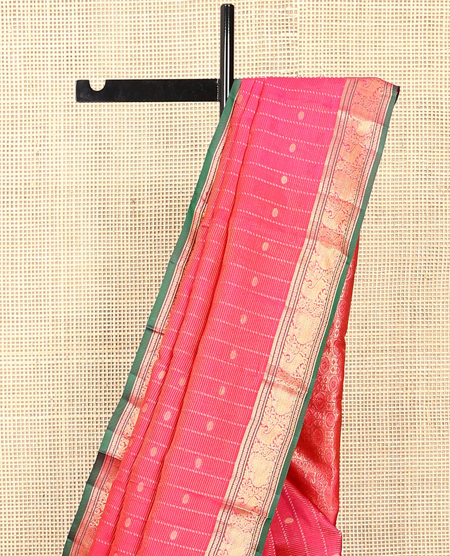 Pink zari design Vasundhara silk saree, zari border of banaras, kamalam, diamond, mayil and kuthirai designs, and chakram buttas steeped pallu - Image 3
