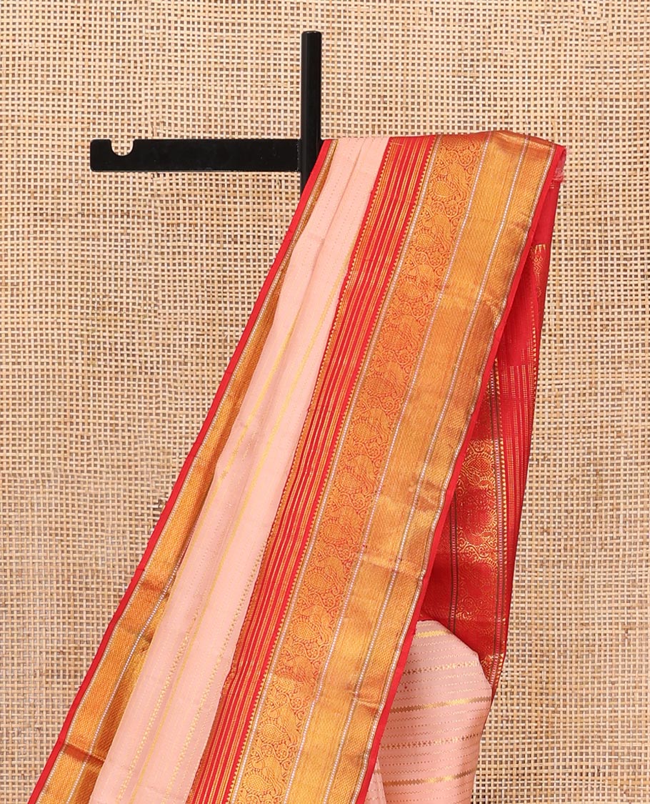 Pink zari designs Kanchipuram silk saree,contrast border of rekku,muthu,mayil,zari stripes & mayil kann designs & floral butta enclosed checked pallu - Image 4
