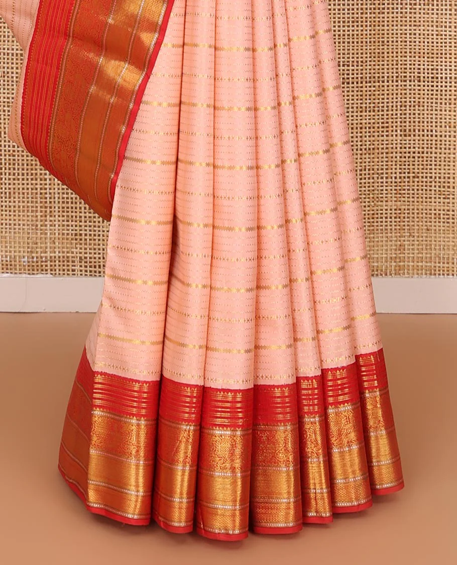 Pink zari designs Kanchipuram silk saree,contrast border of rekku,muthu,mayil,zari stripes & mayil kann designs & floral butta enclosed checked pallu - Image 5