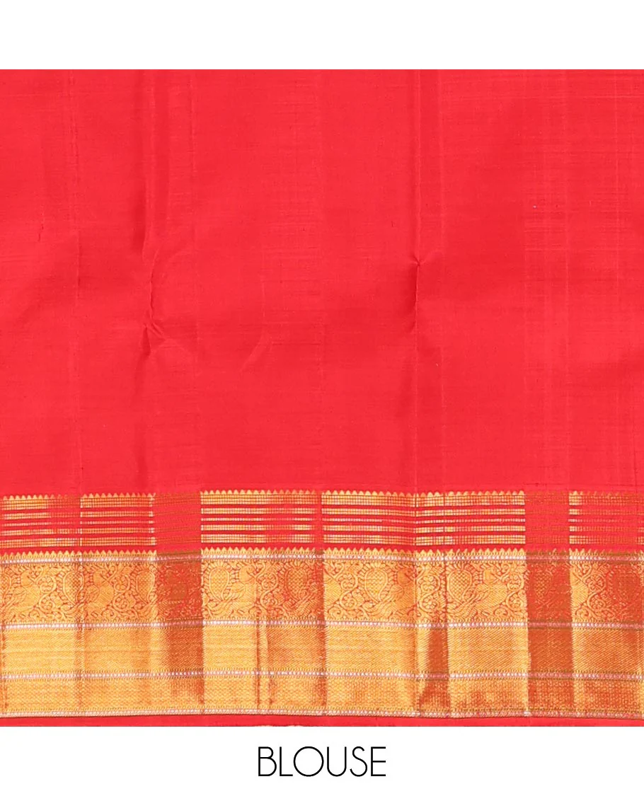 Pink zari designs Kanchipuram silk saree,contrast border of rekku,muthu,mayil,zari stripes & mayil kann designs & floral butta enclosed checked pallu - Image 6