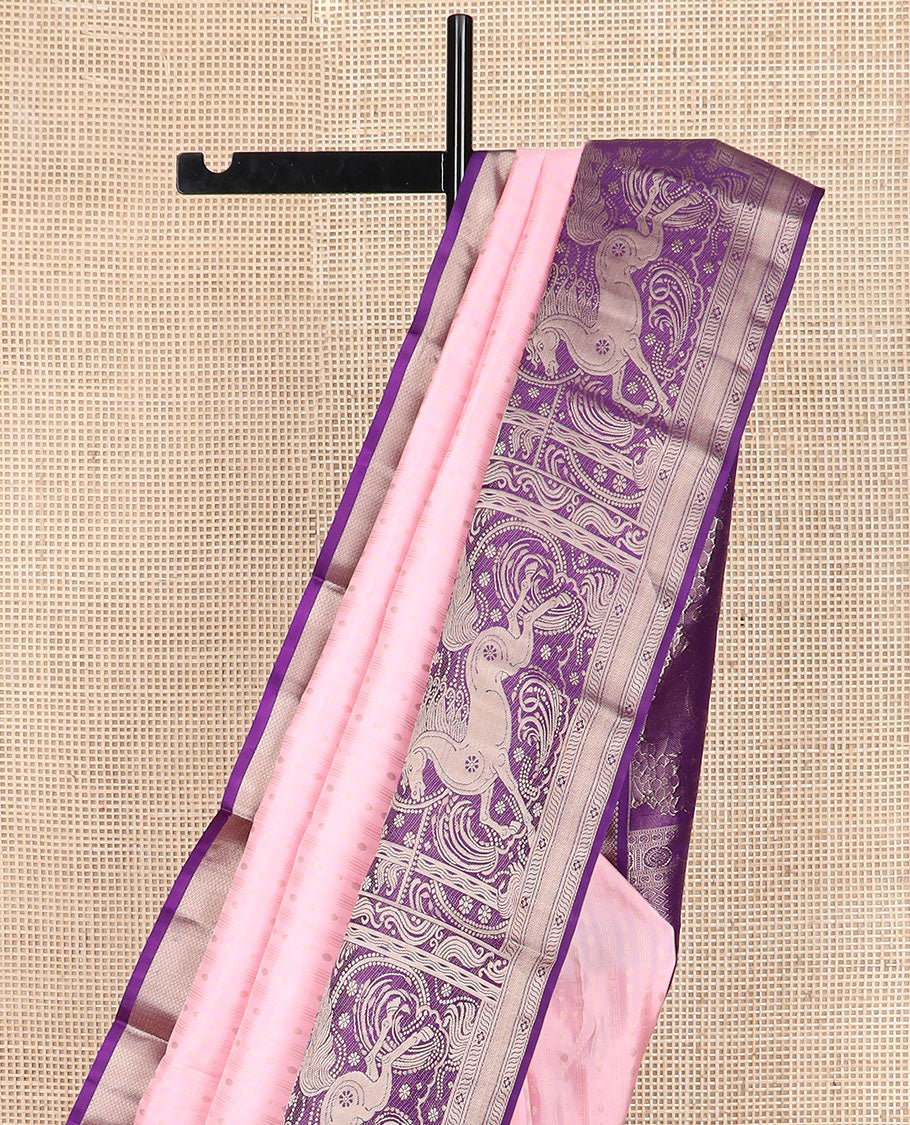 Pink zari striped and buttas Vasundhara silk saree, contrast kuthirai designs in zari, and pallu of elephant motifs enclosed paisleys - Image 3