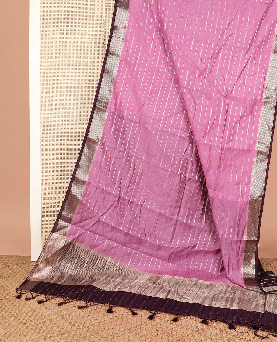 Pink zari striped assam silk saree, contrast jaal patterned border, and zari striped pallu - Image 2