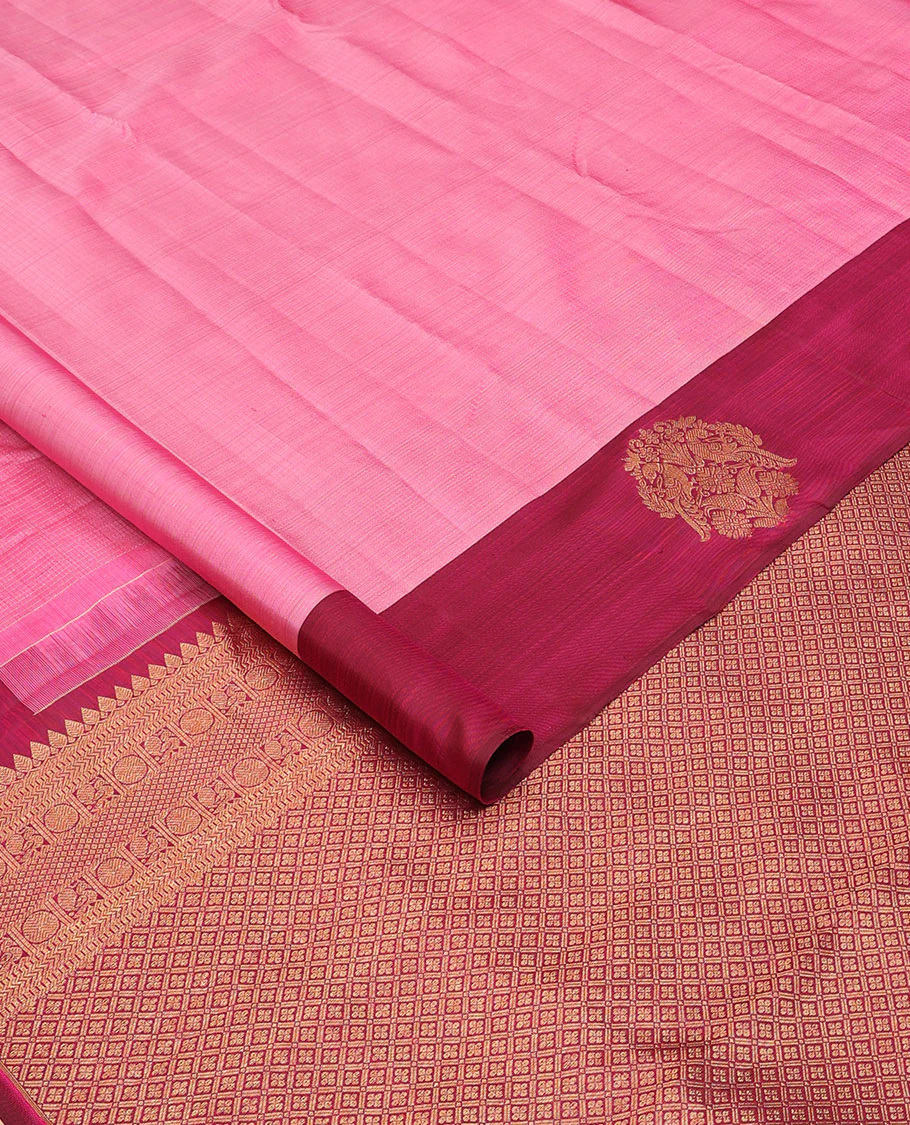 Pink zari woven Kanchipuram silk saree, contrast rettai mayil zari border, and jaal pallu - Image 2