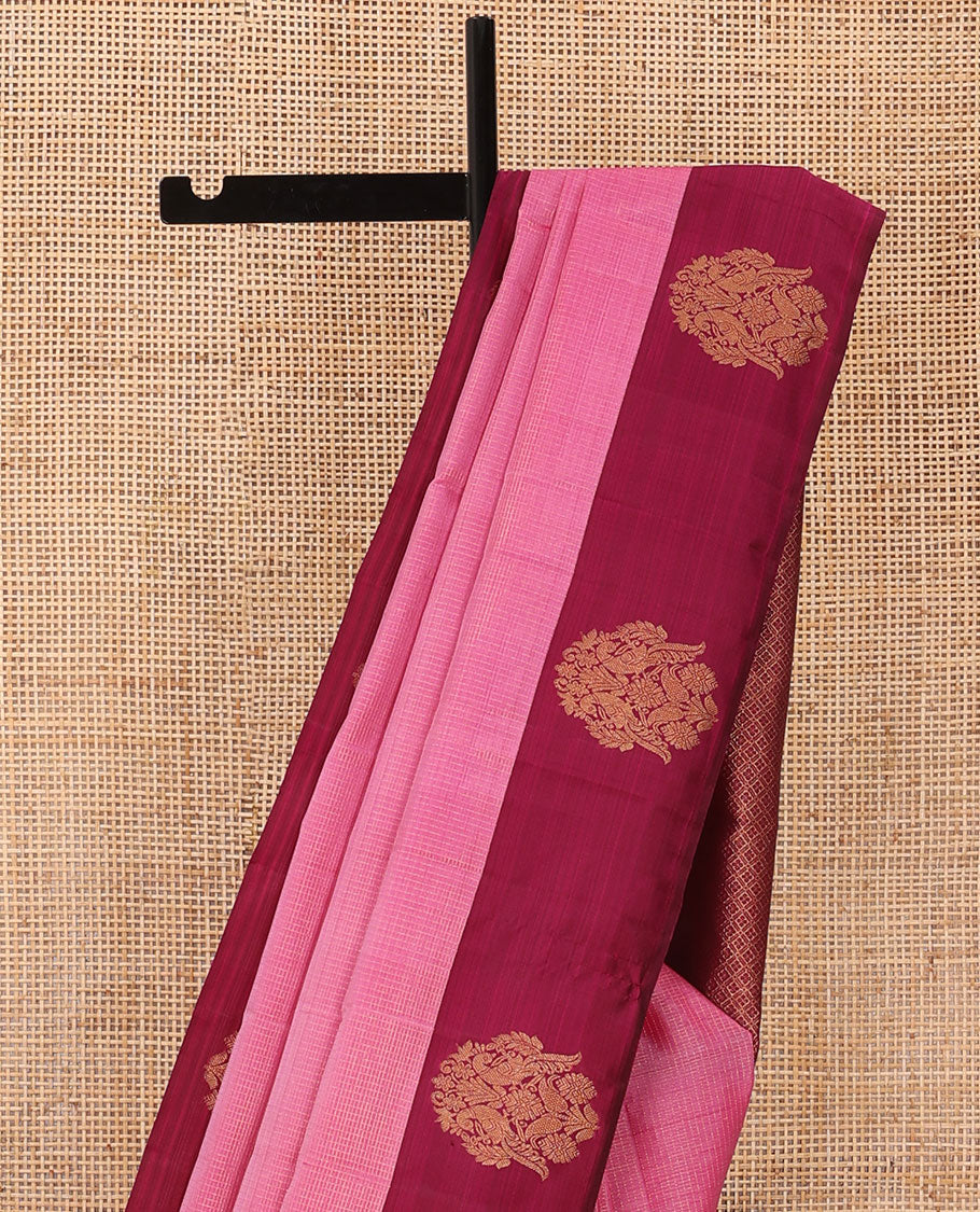 Pink zari woven Kanchipuram silk saree, contrast rettai mayil zari border, and jaal pallu - Image 4