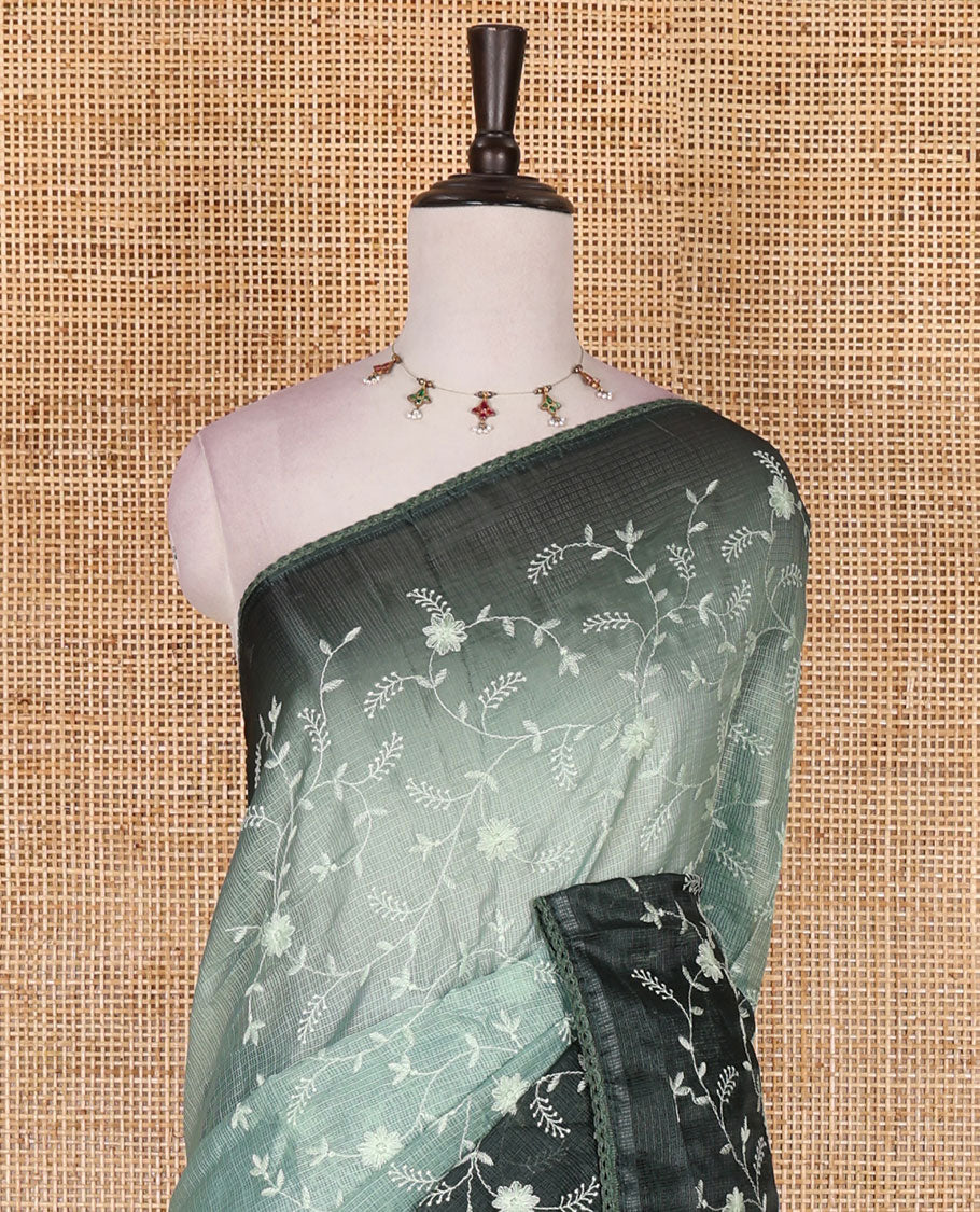 Pista green-bottle green floral vine chickankari embroidered kota chex saree, lace border, floral vine chickankari embroidered pallu, and contrast plain blouse - Image 3