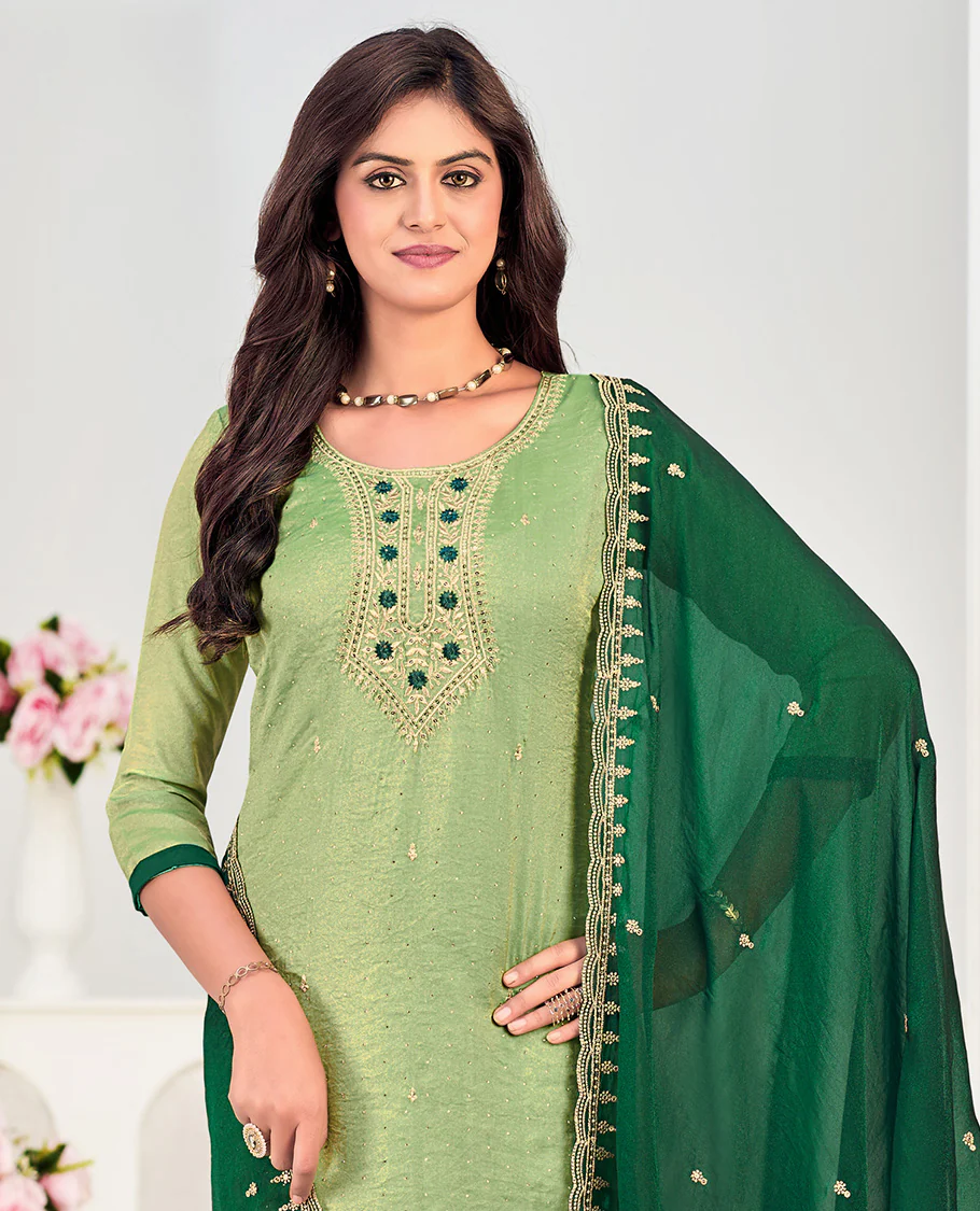 Pista green churidar material set, neck embroidered with stone work top, contrast plain bottom, and scallop embroidered dupatta - Image 2