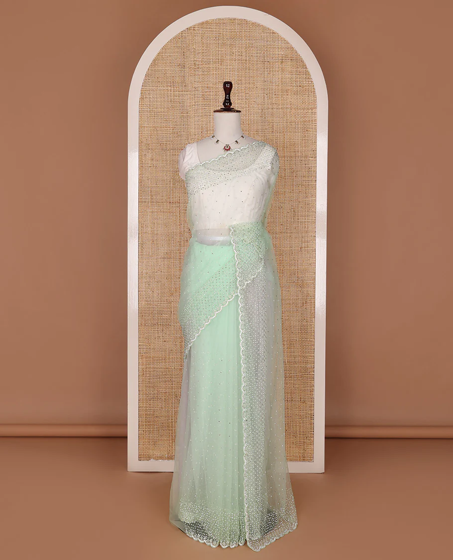 Pista green crystal stone & pearl beads embroidered designer saree with scallop embroidered border - Image 2