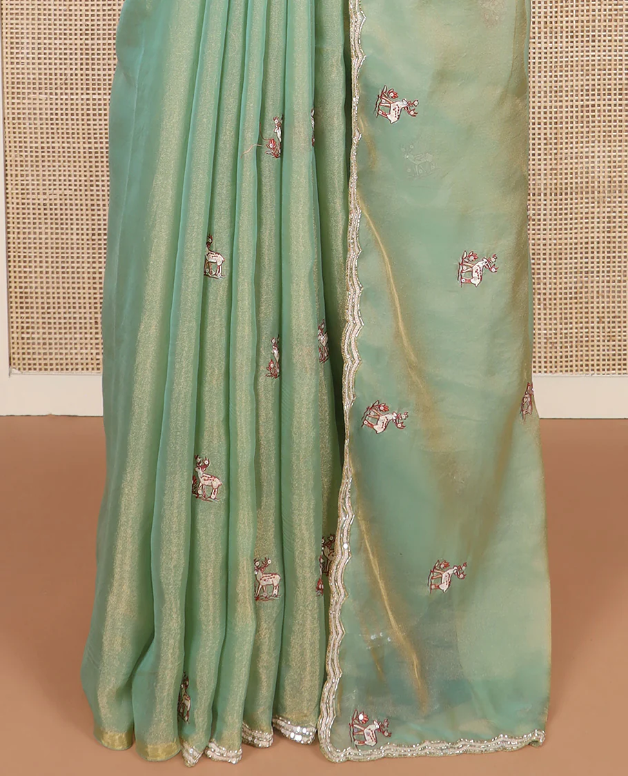 Pista green deer motifs embroidered designer saree, scallop sequins embroidered border - Image 4