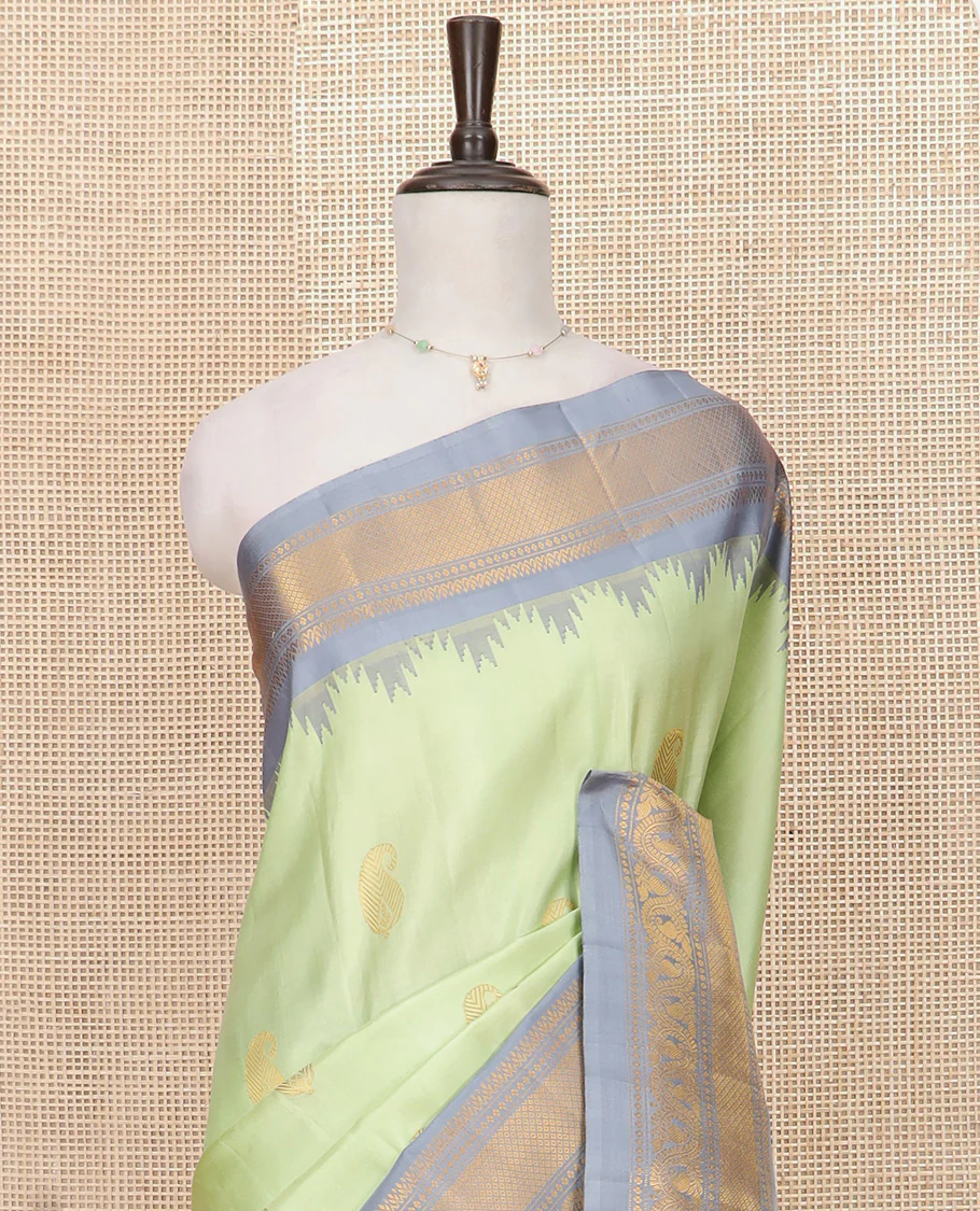 Pista Green Gadwal Saree Woven with Zari Paisley Buttas, a Contrast Temple Traditional Zari Design Border, Pallu of Jaal Design, and a Contrast Blouse with Zari Designs - Image 2