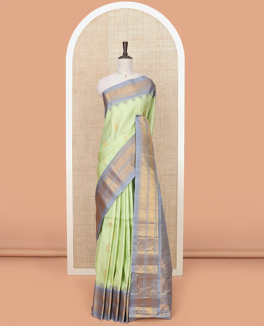 Pista Green Gadwal Saree Woven with Zari Paisley Buttas, a Contrast Temple Traditional Zari Design Border, Pallu of Jaal Design, and a Contrast Blouse with Zari Designs - Image 3